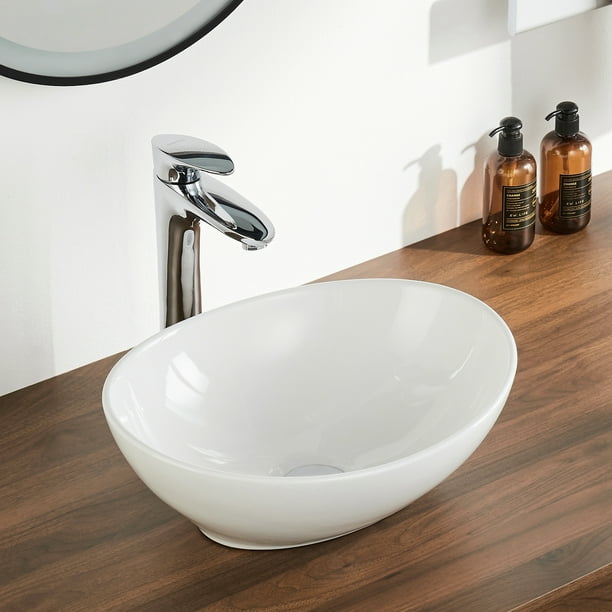 16 x 13 Oval White Ceramic Vessel Sink Modern Egg Shape Above Counter Bathroom Vanity Bowl,Porcelain Bathroom Vessel Vanity Sink Art Basin